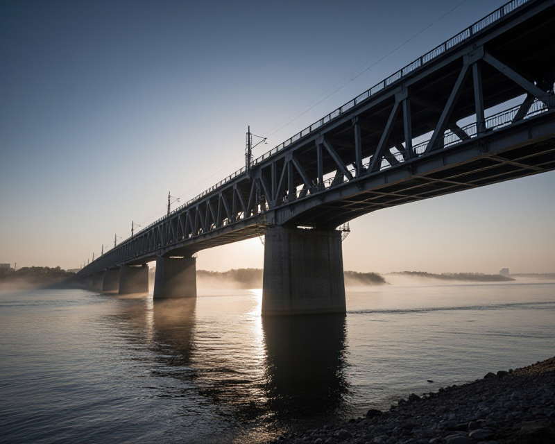 A cinematic wide-angle shot of a massive four-lane concrete bridge spanning across the wide Yalu River at dawn. Soft morning mist rises from the calm water surface, partially obscuring the distant riverbanks. The scene features dramatic low-angle sunlight piercing through the fog, creating long shadows and highlighting the intricate textures of the bridge's steel and concrete structures. The atmosphere is serene yet powerful, with a color palette of deep blues, muted greys, and warm golden highlights from the rising sun. High detail, photorealistic, 8k resolution.